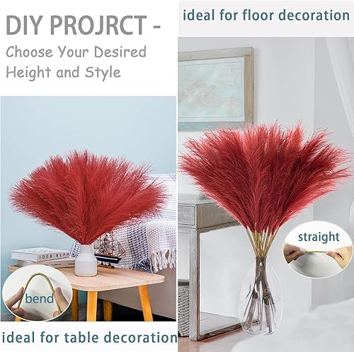 Miniatura 5 de Decoración de hierba de pampa sintética de 38 pulgadas, verde y rojo, césped artificial de pampas, pequeño arreglo floral de pompas esponjosas