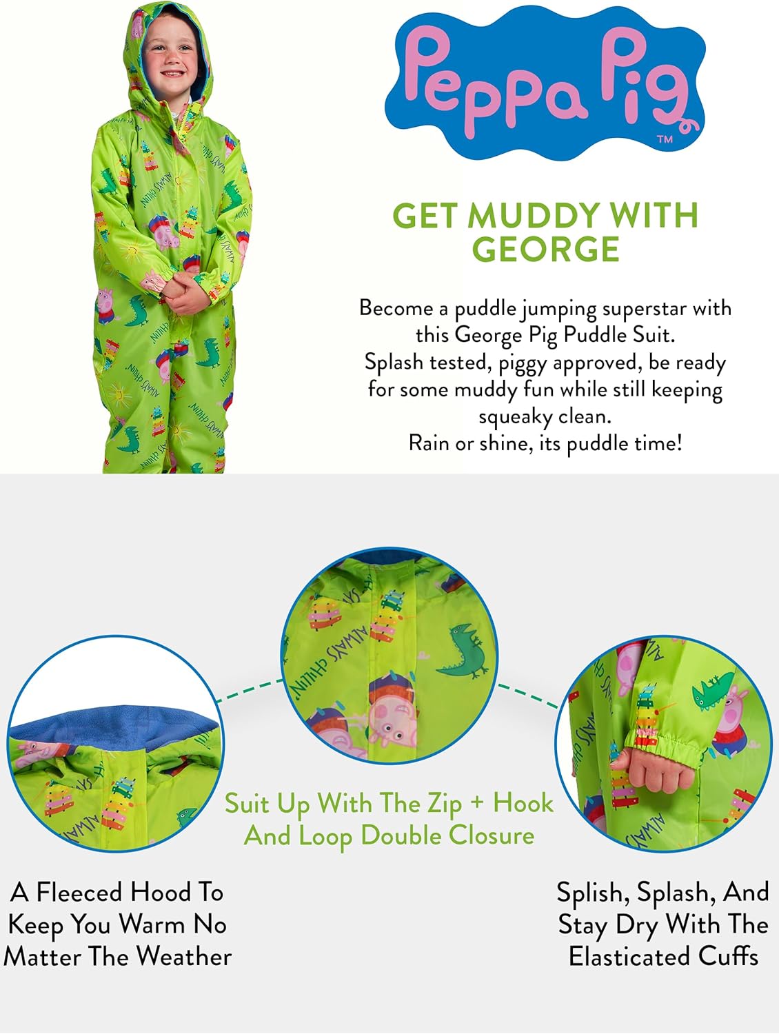 Peppa Pig Rain Suit | George Pig Waterproof Coverall for Toddler