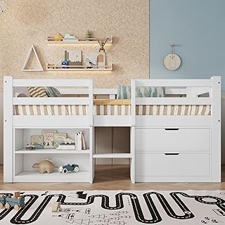 ModernLuxe 3FT Kids Single Bed Frame with Spacious Storage, Stylish Mid Sleeper Bed for Children with Sturdy Safety Guardrail, 2 Drawers with Slides, 2 Storage Compartments, White, 90x190cm
