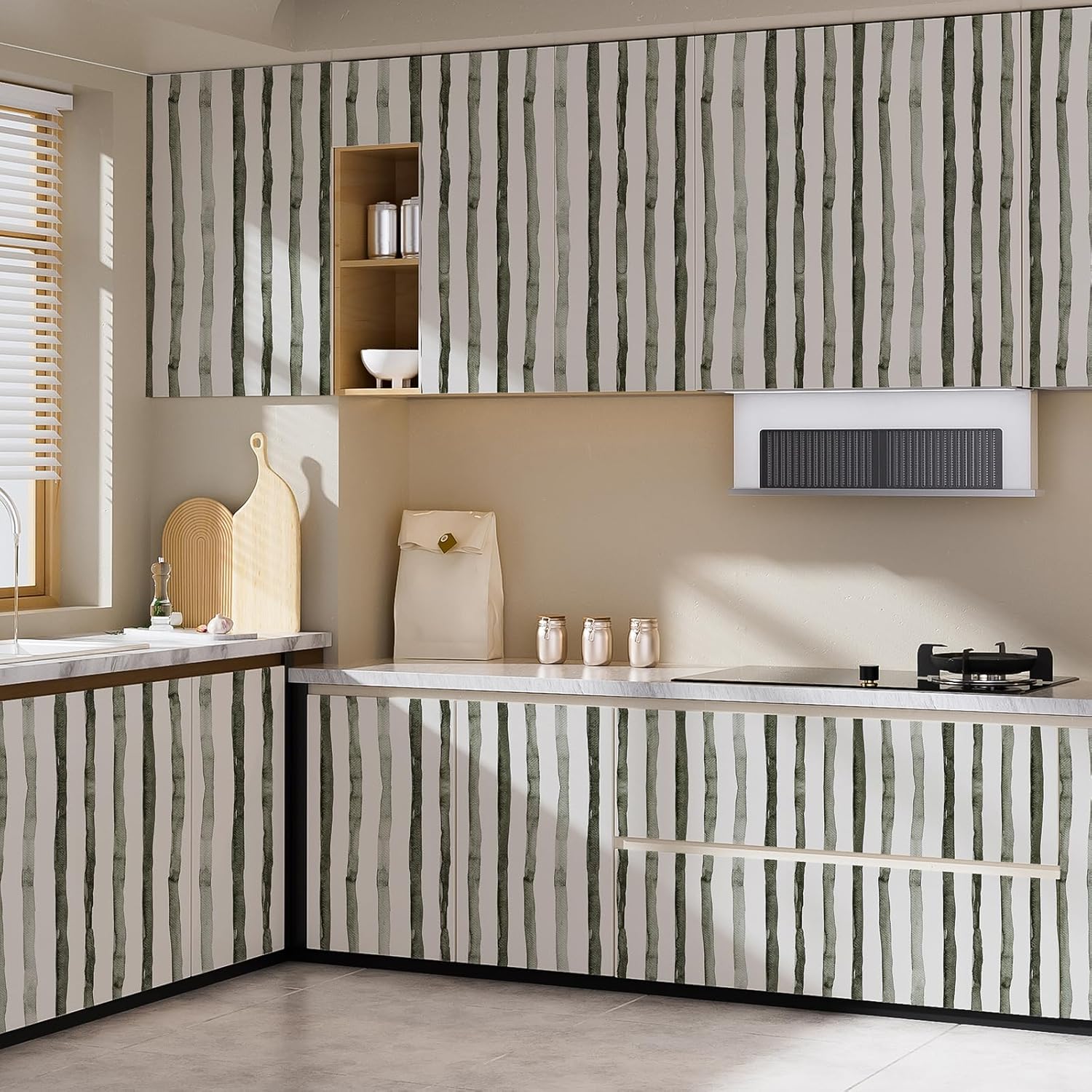 Dark Green Striped Peel and Stick Wallpaper Removable Self-Adhesive Vinyl Wrap Waterproof Coastal Contact Paper Roll Vintage Boho Decor for Countertop Bathroom Bedroom 17.7”x196.8”