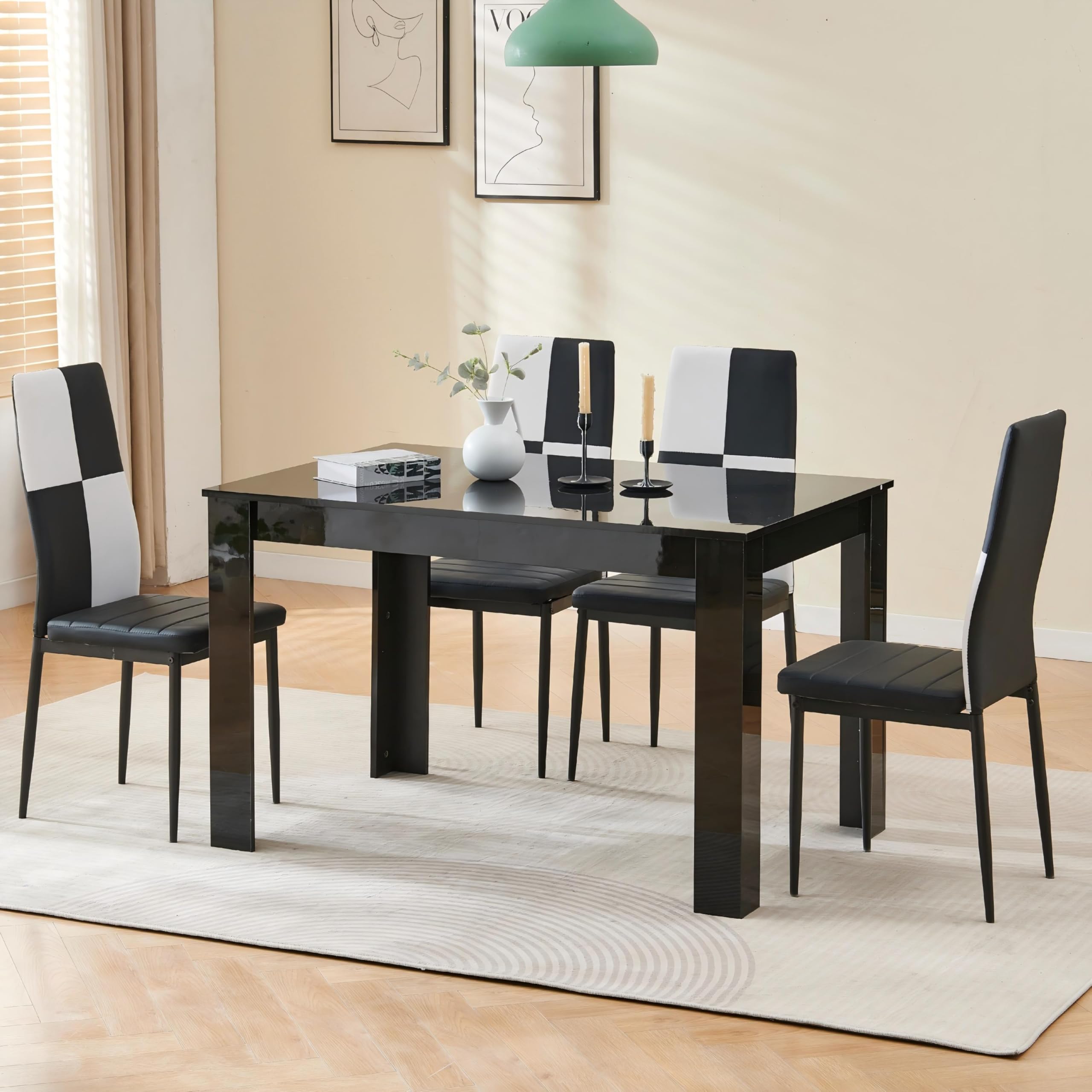 Homullel 120cm Glossing Dining Table and 4 Chairs, 4 Seater Kitchen Table and Chairs Set for Space Saving, Compact Dining Room Set for 4, 120x80 cm, Wooden, Walnut Black (4 Seaters, PU Checker) โ image 1