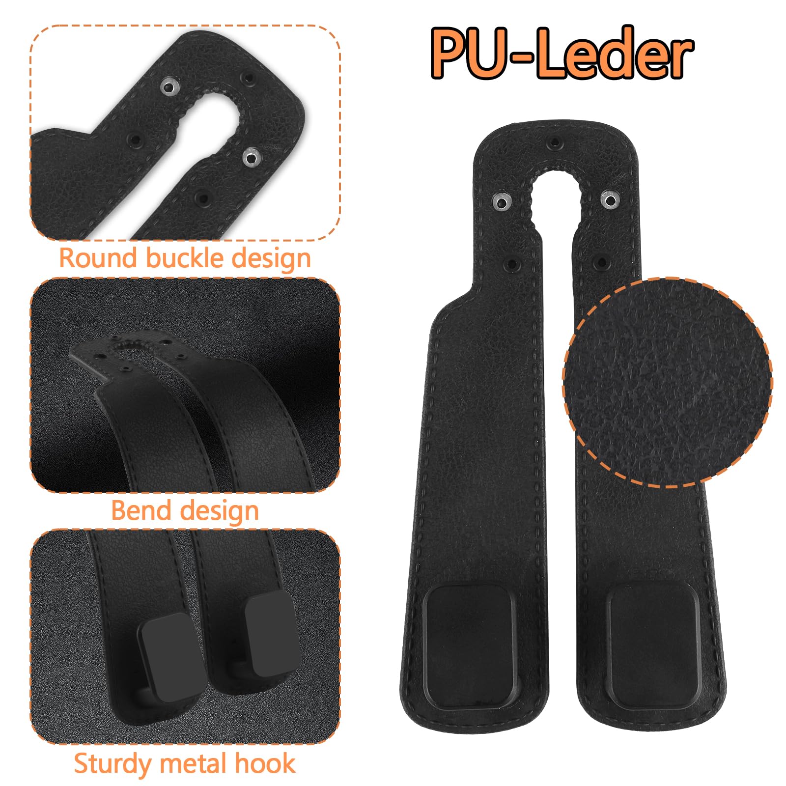 2 Ganci Doppi Poggiatesta Auto In Pelle – Organizer Per Sedili Posteriori Per Borse, Borsette E Ombrelli (Nero) - 2