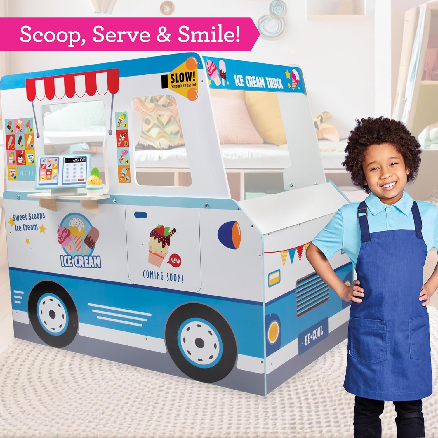 Ice Cream Truck Wooden Playset- 20 Fun Toy Pieces Including Freezer, Steering Wheel, Sink & Sticker Sheet for Kids Name- Popsicles, Cones, Scooper- Play Stand for Indoor Activity Center, Ages 3+ Gift