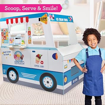 Ice Cream Truck Wooden Playset- 20 Fun Toy Pieces Including Freezer, Steering Wheel, Sink & Sticker Sheet for Kids Name- Popsicles, Cones, Scooper- Play Stand for Indoor Activity Center, Ages 3+ Gift