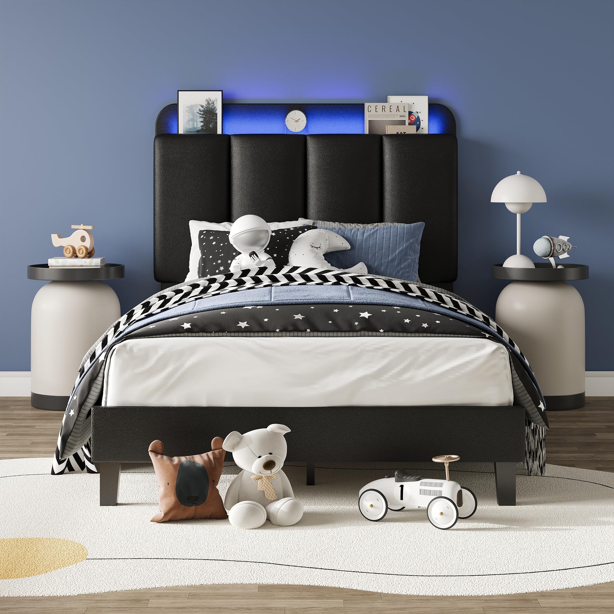 BarnFurin Twin Bed Frame with LED Lights, Upholstered Platform Bed with Storage Headboard, Single Bed Frame, Noise-Free, No Box Spring Needed, Easy Assembly, Black