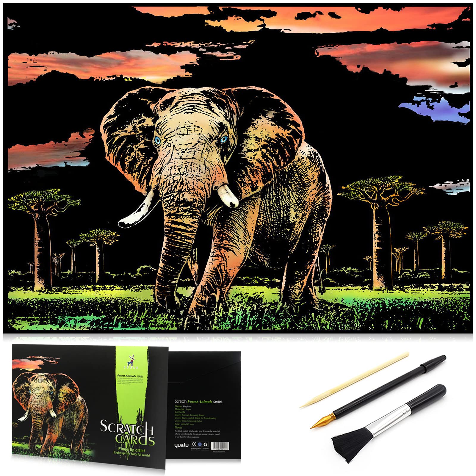 MIASTAR Scratch art animal rainbow painting paper, Creative foil scratch art toys gift, Engraving art & Craft set, DIY sketch card scratchboard for Kids & Adults - 16'' x 11.2'' with 3 tools(Elephant)