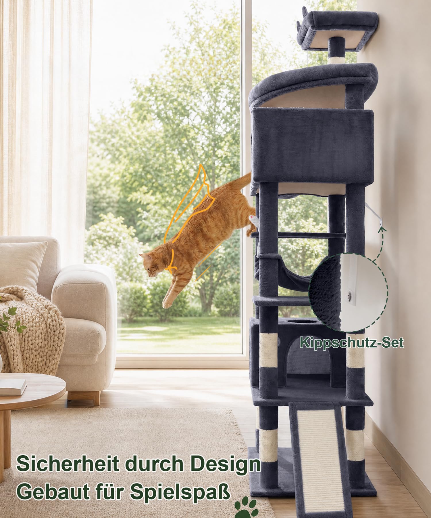 Albero per gatti, torre per gatti di grandi dimensioni, 213 cm, torre per gatti di grandi dimensioni, torre per gatti da interni, con 11 pali tiragraffi in sisal, 2 spaziosi condomini, amaca