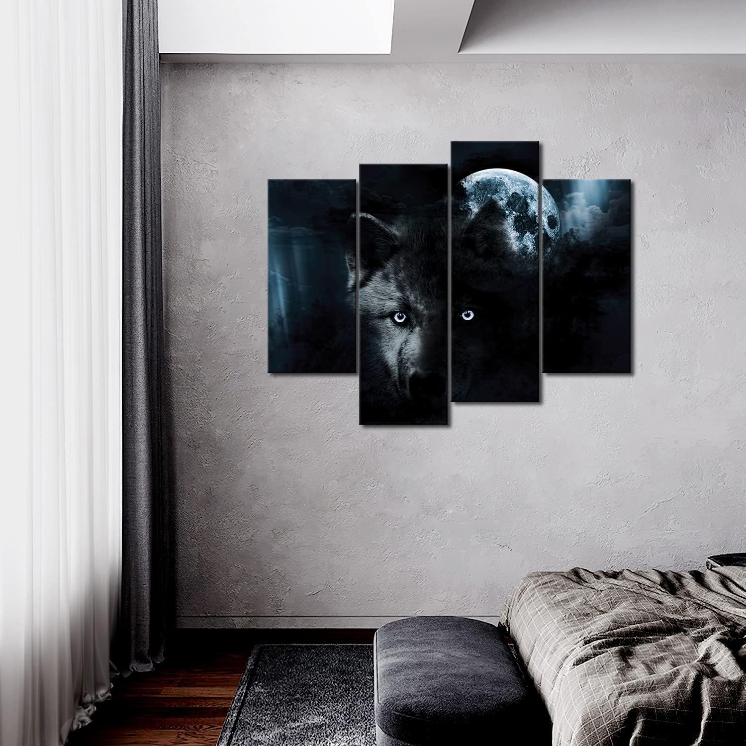 4 Panel Wall Art Black Wolf and Full Moon Painting The Picture Print On Canvas Animal Pictures for Home Decor Decoration Gift Piece (Stretched by Wooden Frame,Ready to Hang)
