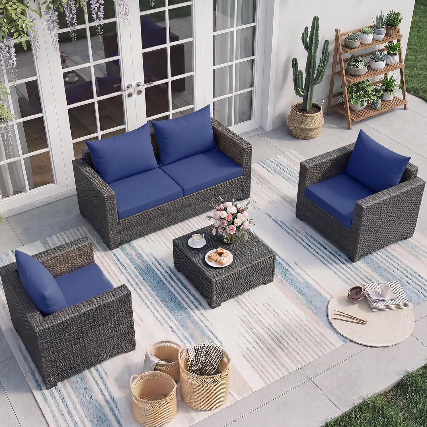 HOMREST Outdoor Chair Cushions Set of 4, 24x24 Inch Waterproof Patio Furniture Cushions with Removable Covers & Ties, Reversible Seat Cushions and Back Cushions for Garden Deck Furniture, Navy Blue