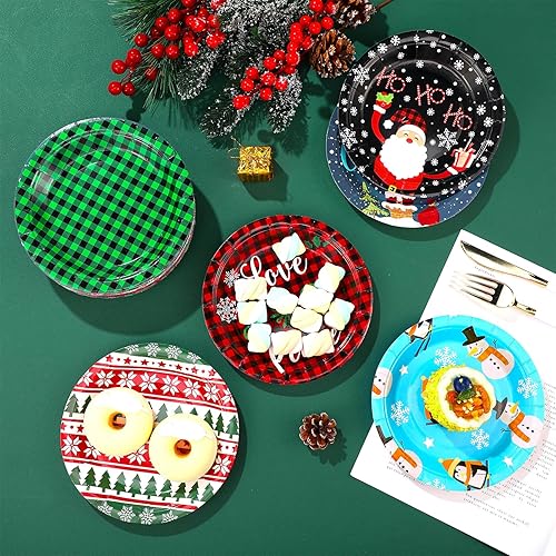 Miniatura 6 de Gerrii 60 platos de fiesta de Navidad de 7 pulgadas, platos de papel desechables de Navidad a cuadros, platos decorativos de postre para fiesta de