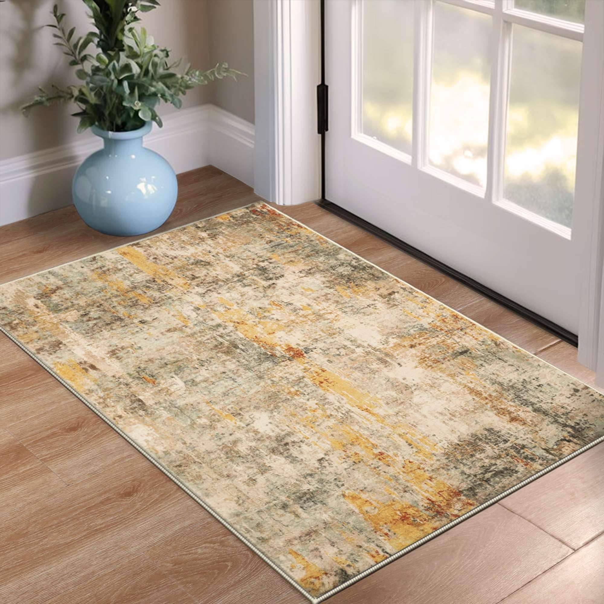 Entrance Rugs Indoor 2x3 Beige Entry Rug Washable Abstract Small Area Rug Non-Slip Low Pile Light Tan Throw Rugs for Entryway, Kitchen Floor, Front Door Indoor Door Mat, Bedroom Bedside