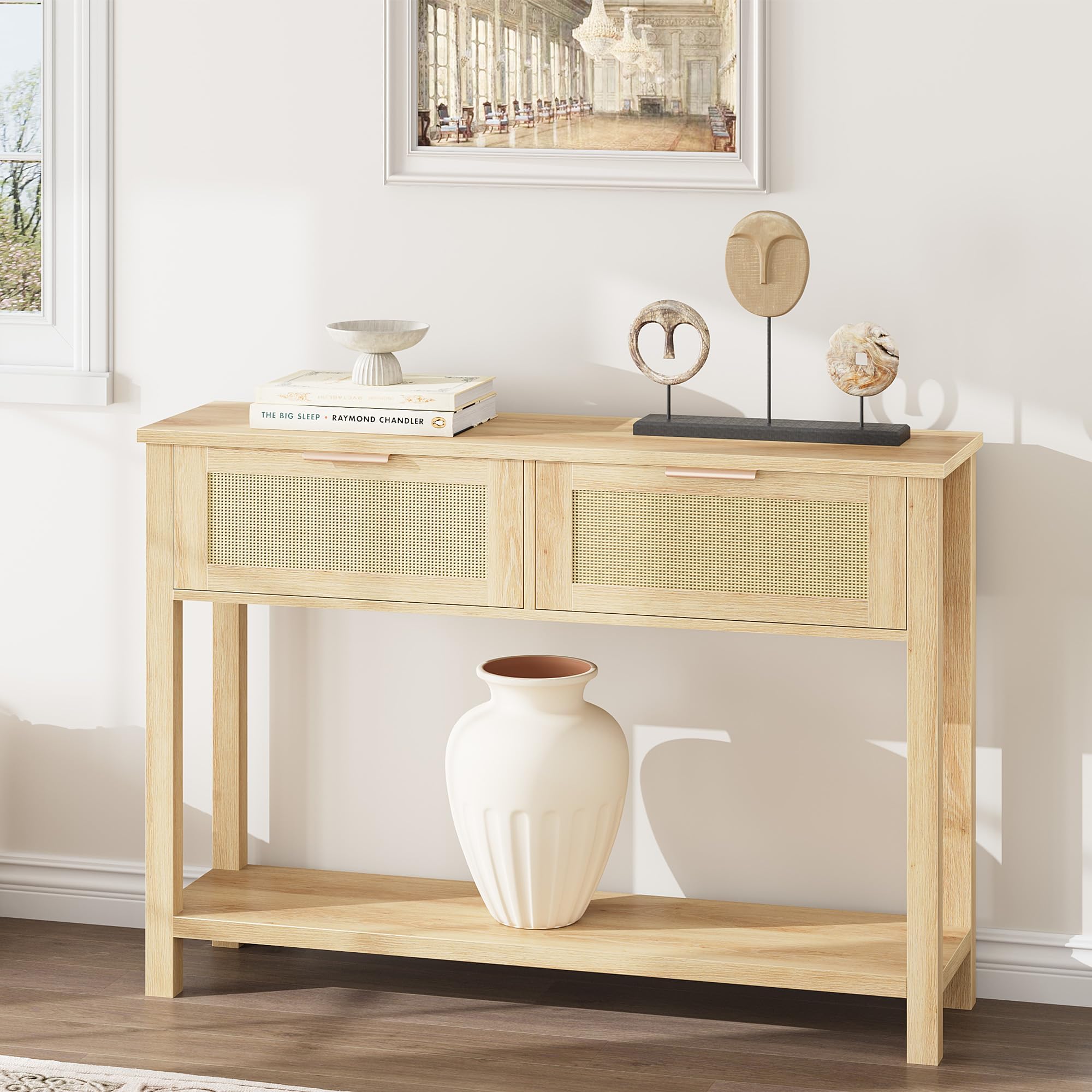 Garvee Table Console à 2 Niveaux, Meuble d’Entrée, Table d'appoint avec 2 Tiroirs en Rotin et Étagère de Rangement, pour Couloir Chambre Salon