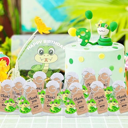 Vista 5 de Elecrainbow El paquete de 60 recuerdos de fiesta de serpientes incluye 20 llaveros de serpiente, 20 etiquetas de agradecimiento, 20 bolsas de regalo