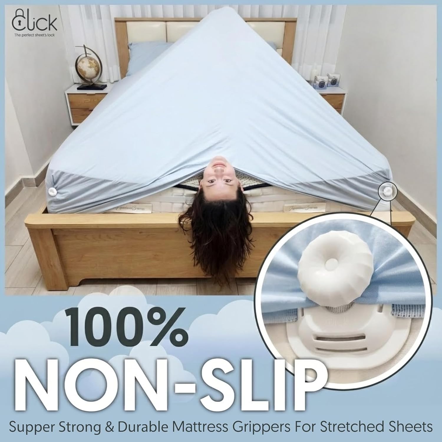 Click Bed Sheet Holder - No Lift Mattress Sheet Clips & Strap for Queen King Size Beds, Sheet Keepers to Keep Sheets on Bed, Heavy Duty Bedsheet Lock Fasteners to Hold Sheets in Place Firm & Tight