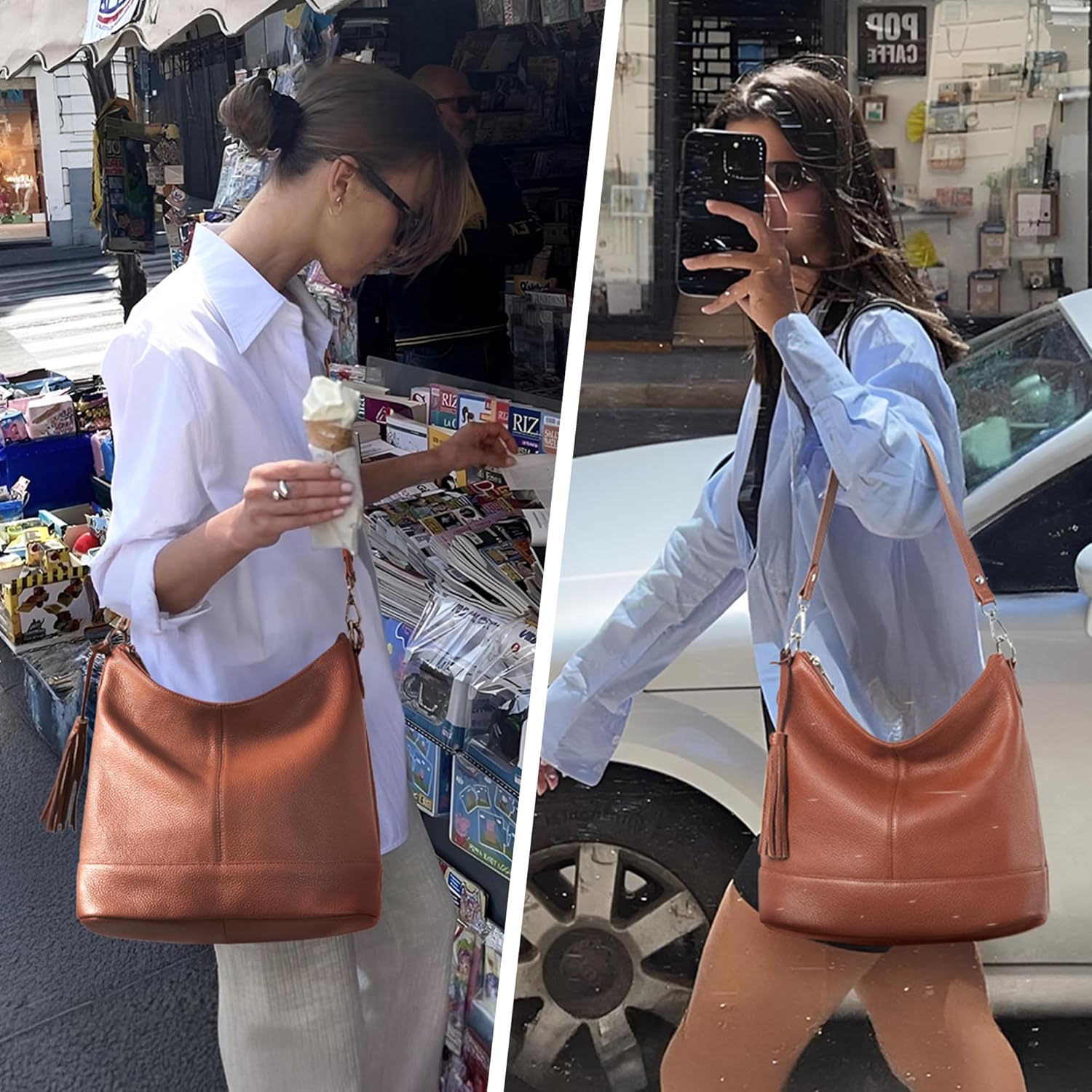 Genuine Leather Hobo Crossbody Bag for Women, Soft Real Leather Bucket, Shoulder Handbag Purse with 2 Removable Strap - Image 2