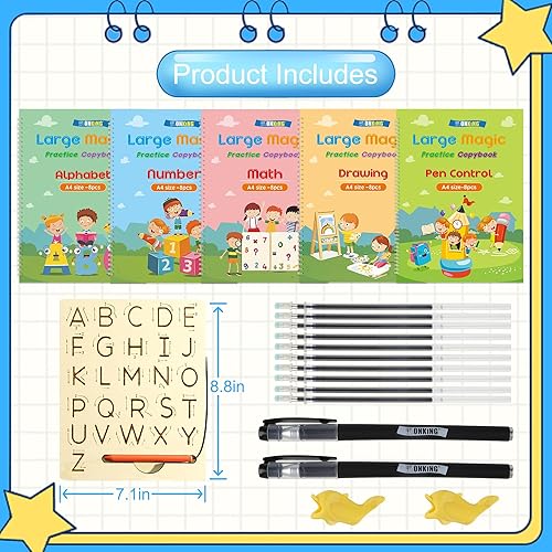Miniatura 6 de 4 cuadernos grandes de práctica mágica para niños, libro de práctica de escritura a mano, paquete de 4 con recarga de bolígrafo, caligrafía cursiva
