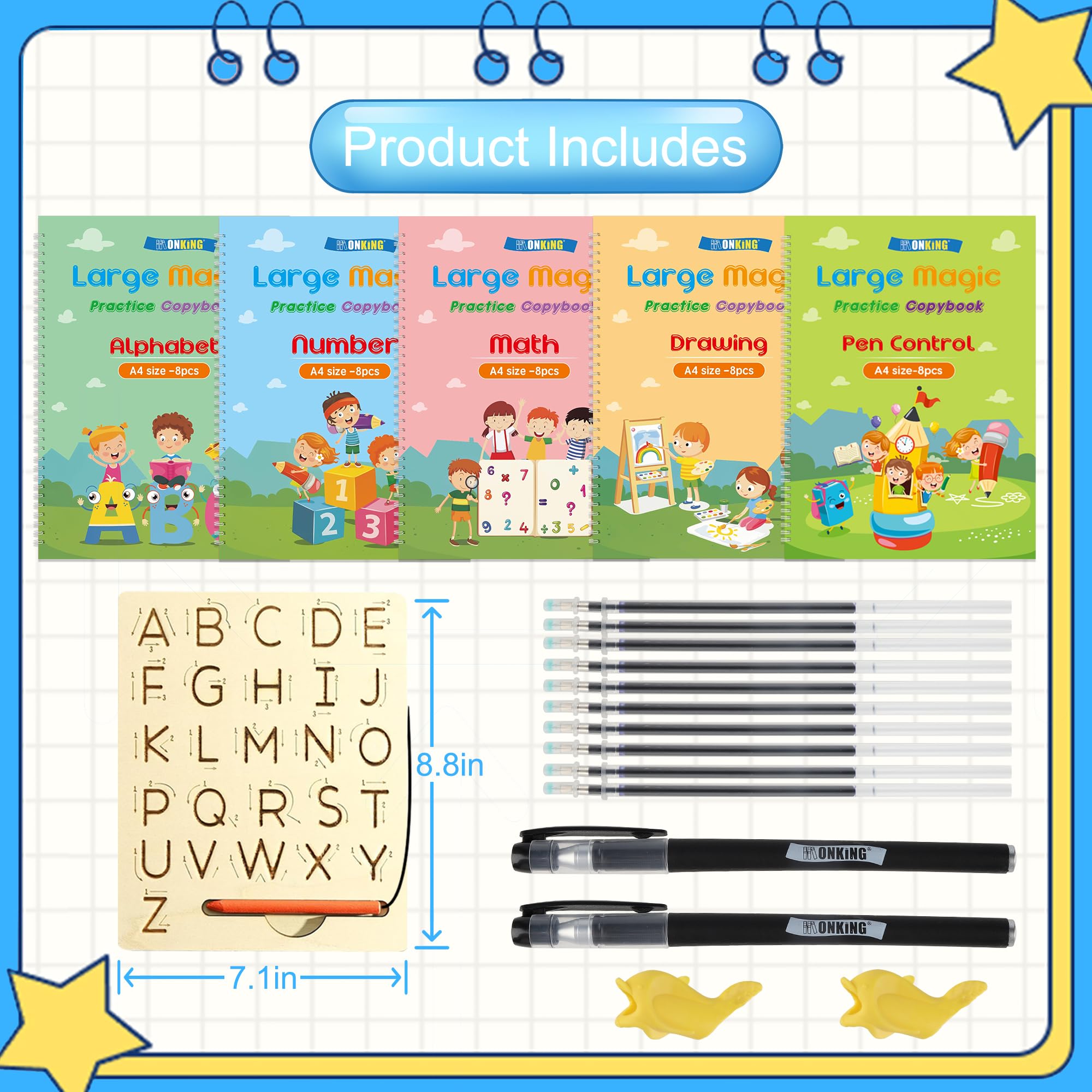 Monking Cuaderno de práctica mágica para niños, libro de práctica de escritura a mano, paquete de 4 con recambio de bolígrafo, caligrafía cursiva en inglés, reutilizable para niños, jardín de