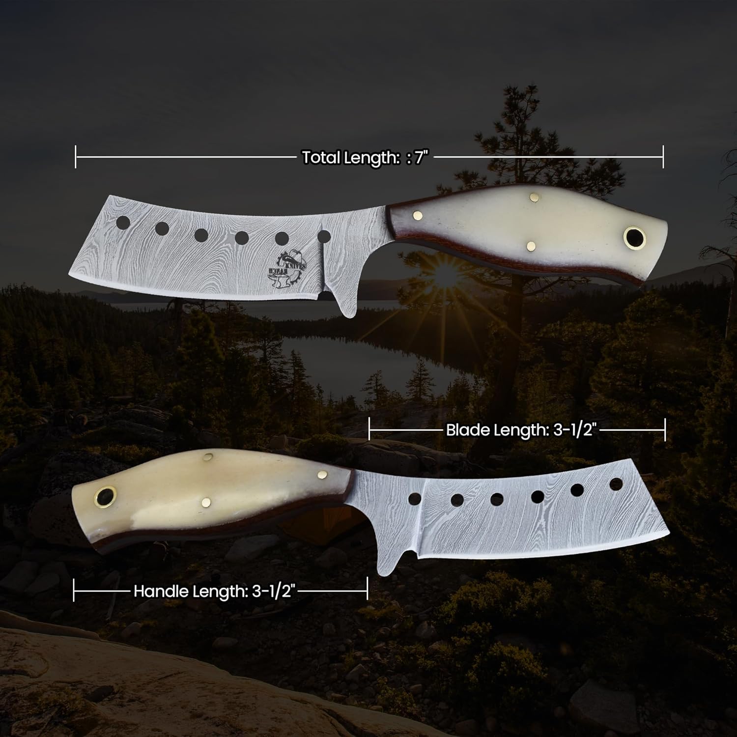 Knives Ranch Handmade EDC Knife – Full Tang – Damascus Steel – Great Edge Retention – Bone Handle – Horizontal Carry Leather Sheath (3131-B)