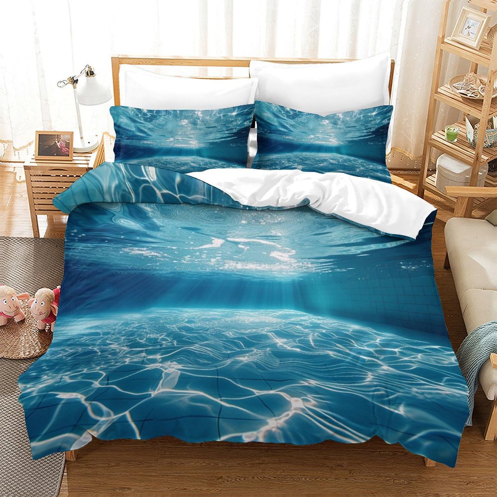 P1s9u7w5y Water Ripple-2 Ocean Wave 3D Printed Microfiber 3Pcs Duvet Cover Set Water Blue Bedding Set Double（200X200cm）