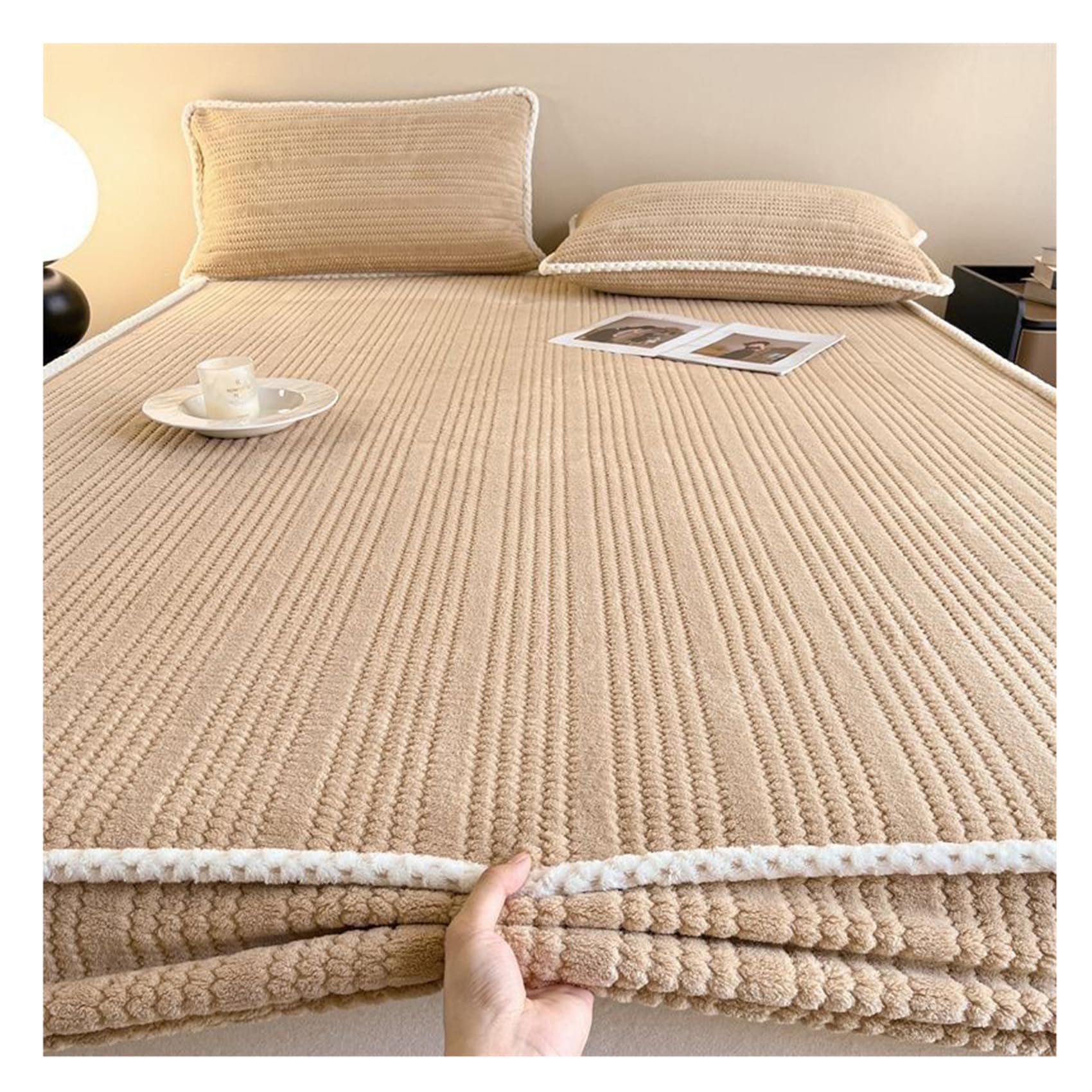 Fleece Sheets Queen, Winter Velvet Fitted Sheet, Fuzzy Flannel Bed Sheet, Elastic Thicken Bedspread, Ultra Soft Plush Mattress Protector Cover (Coffee