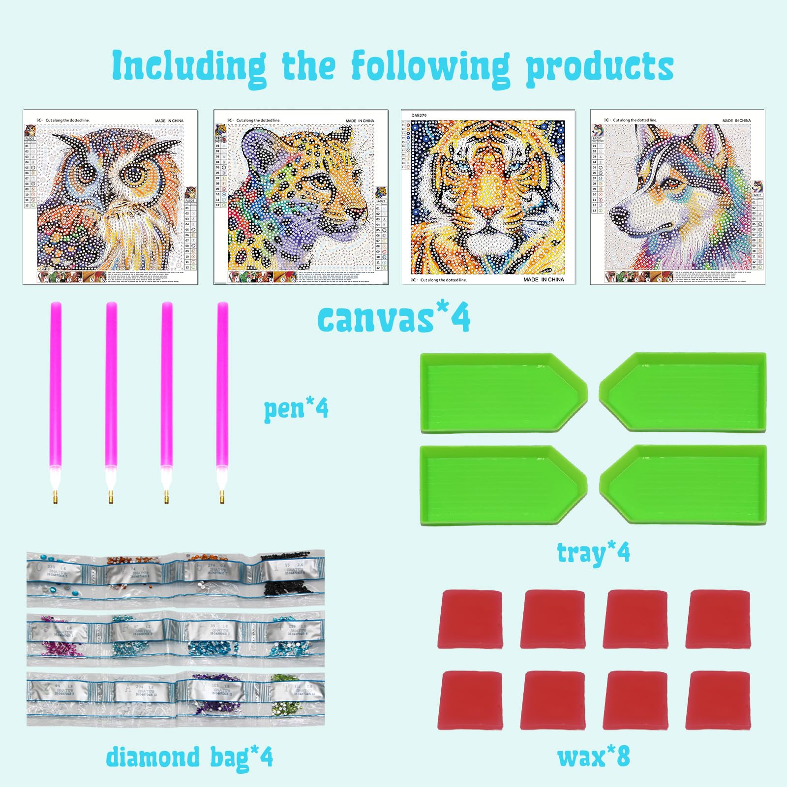 Libfx Kits de arte de diamantes para niños, 4 piezas de arte de diamantes para niñas y niños, principiantes, artes y manualidades para niños de 8 a 12 años (perro búho leopardo tigre -07)
