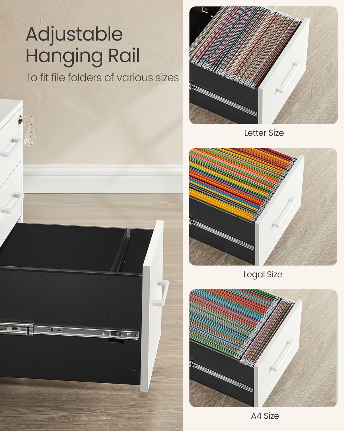 SONGMICS file cabinet with drawers open, showing organized files