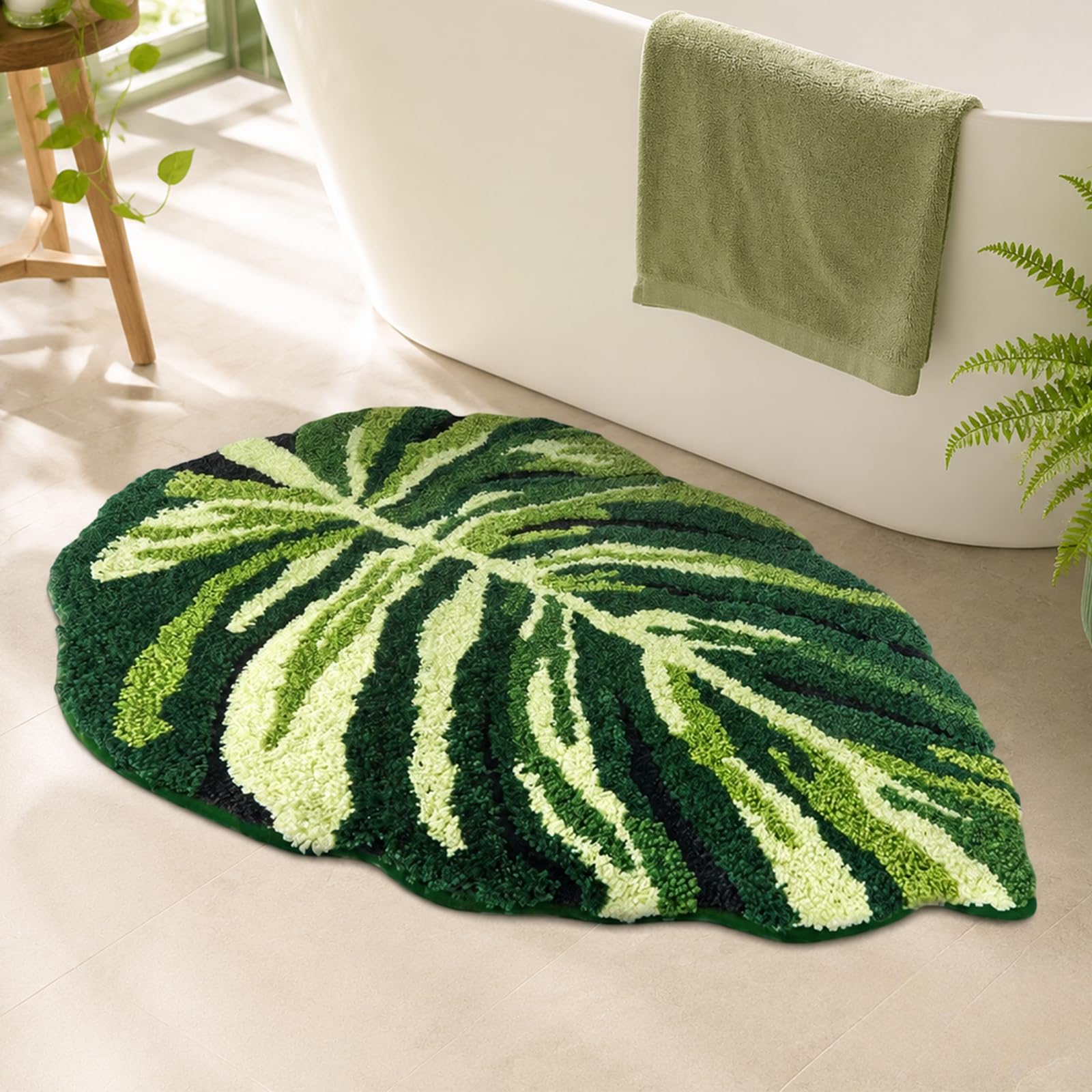 Tappeto da Bagno Foglia di Monstera, Morbido E Soffice, Antiscivolo E Assorbente, Lavabile, Zerbino per Doccia E WC 60x90cm