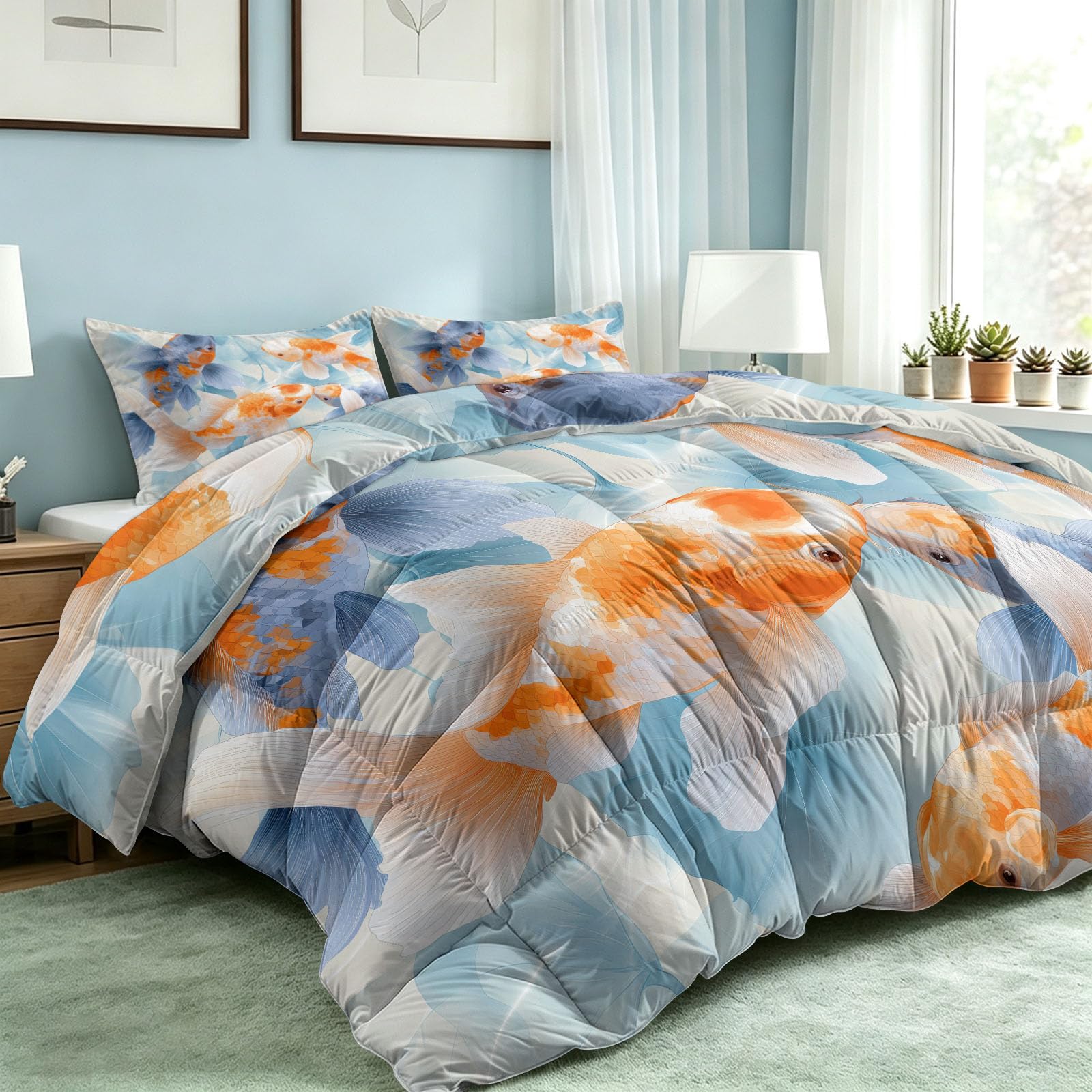 Piumino senza rivestimento, motivo onde d'acqua koi, foglia di loto, 240 x 260 cm, 4 stagioni, reversibile, con stampa a inchiostro orientale, lavabile, calda e delicata sulla pelle, con 2 federe da