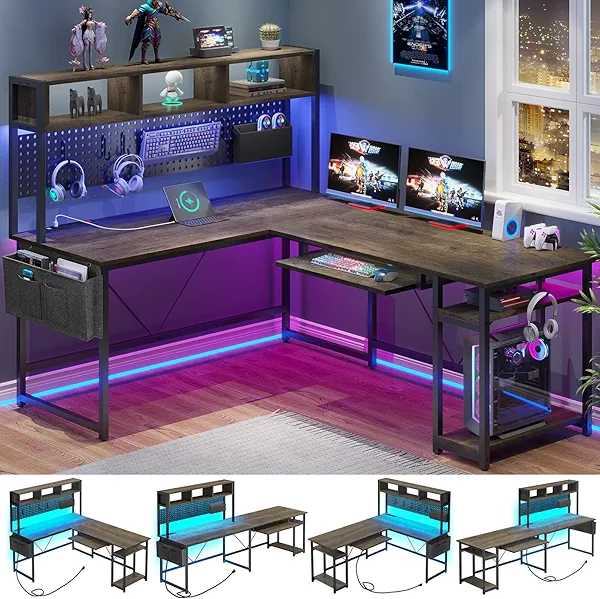 SEDETA L Shaped Desk, 94.5 Inch Office Desk with Power Outlet & Pegboard, L Shaped Desk with Led Light, Keyboard Tray, Storage Shelves and Headphone Hook for Home Office, Walnut Brown