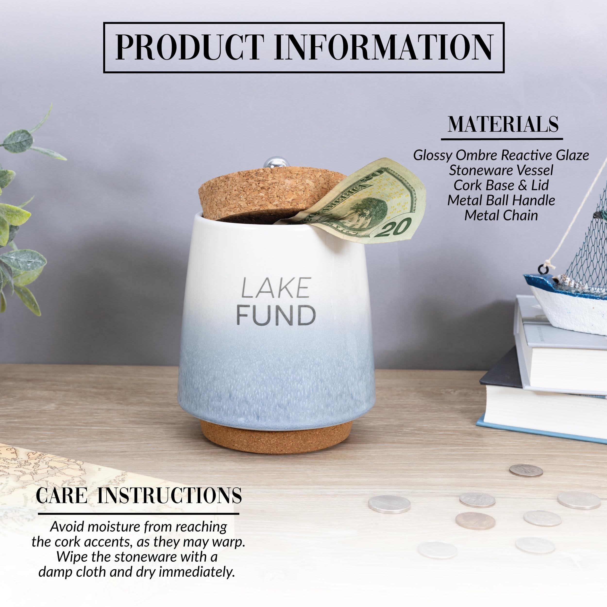 Pavilion Gift Company - Lake Fund - Salvadanaio in ceramica da 16,5 cm, con base in sughero, coperchio in sughero e ciondolo a forma di ancora, blu sfumato