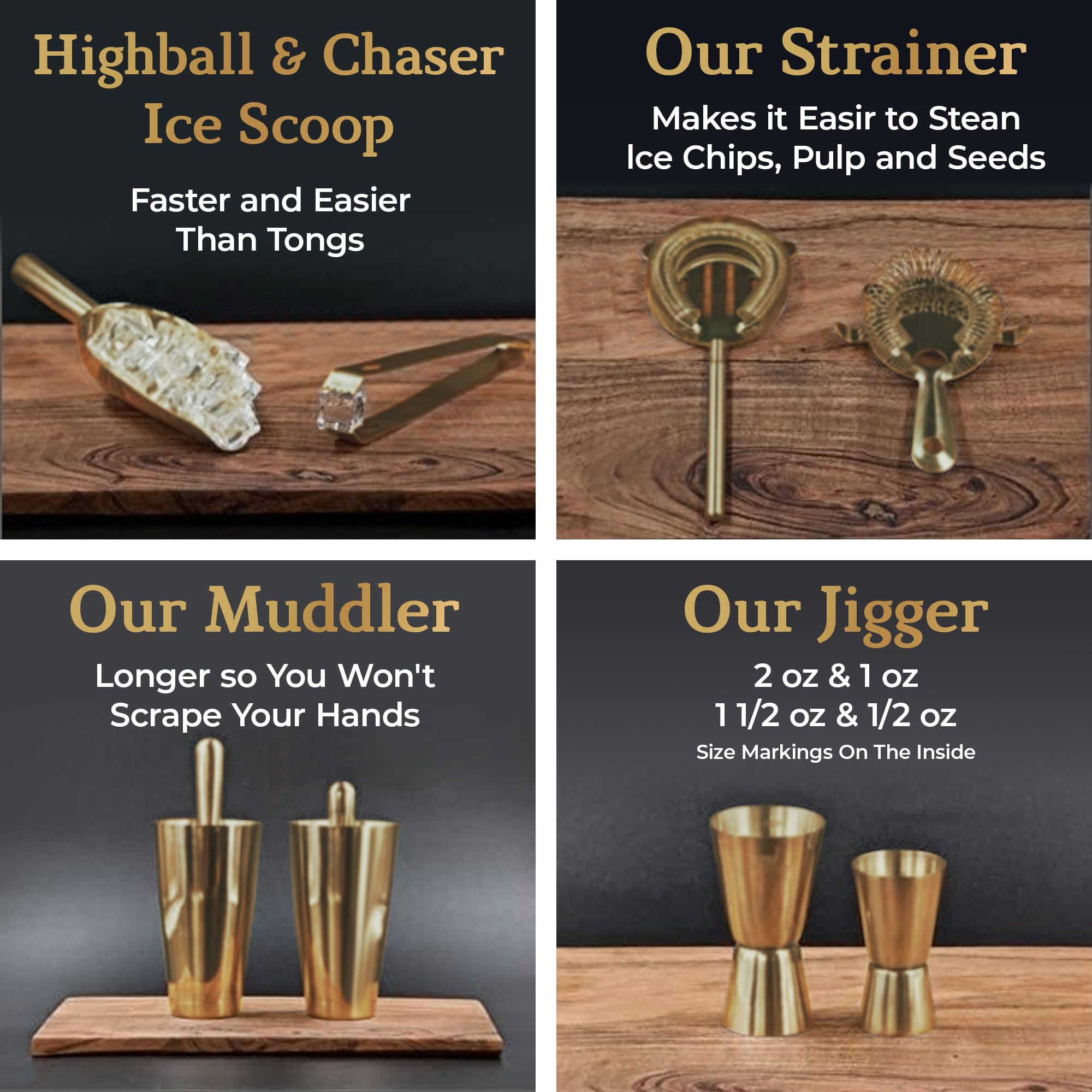 Highball & Chaser Kit de camarero con soporte de bambú negro, hermoso juego de coctelera y herramientas de bar, kit de coctelera Boston de acero inoxidable con soporte (oro antiguo)