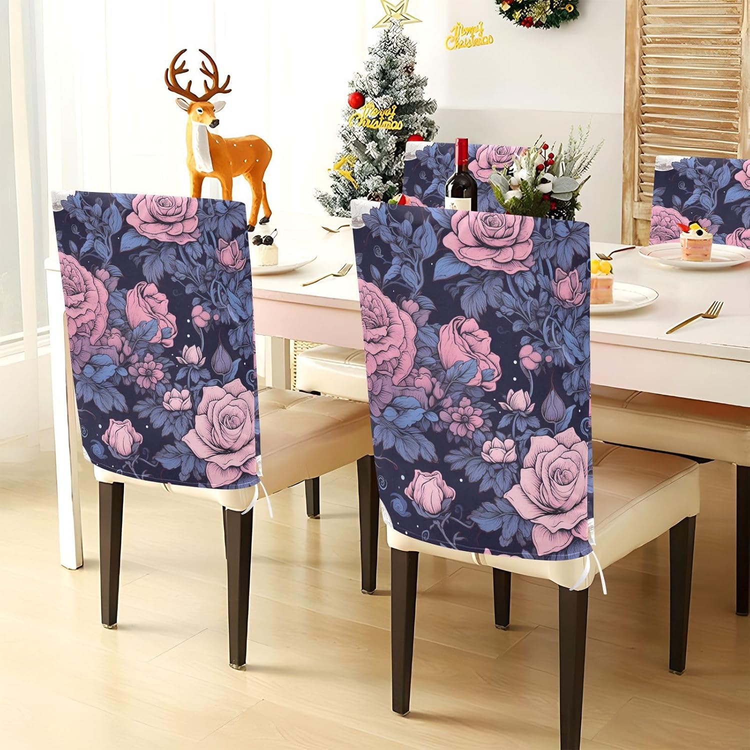 ALAZA Roses Moon Chair Back Cover Set of 6, Washable Reusable Removable Chair Slipcovers Decorative Chair Cover for Home Kitchen Wedding Party