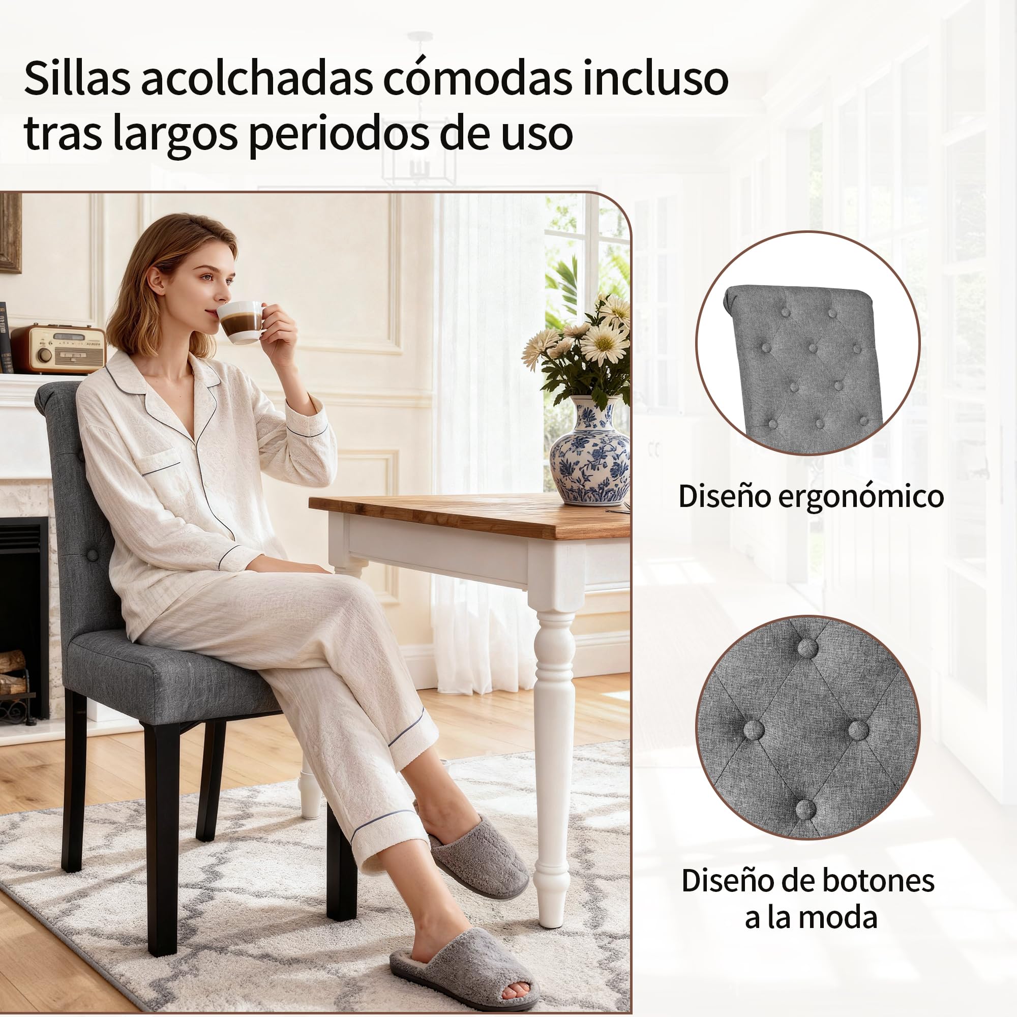 BonVache Set de 2 Sillas de Comedor, Respaldo Curvo Alto, Efecto Lino