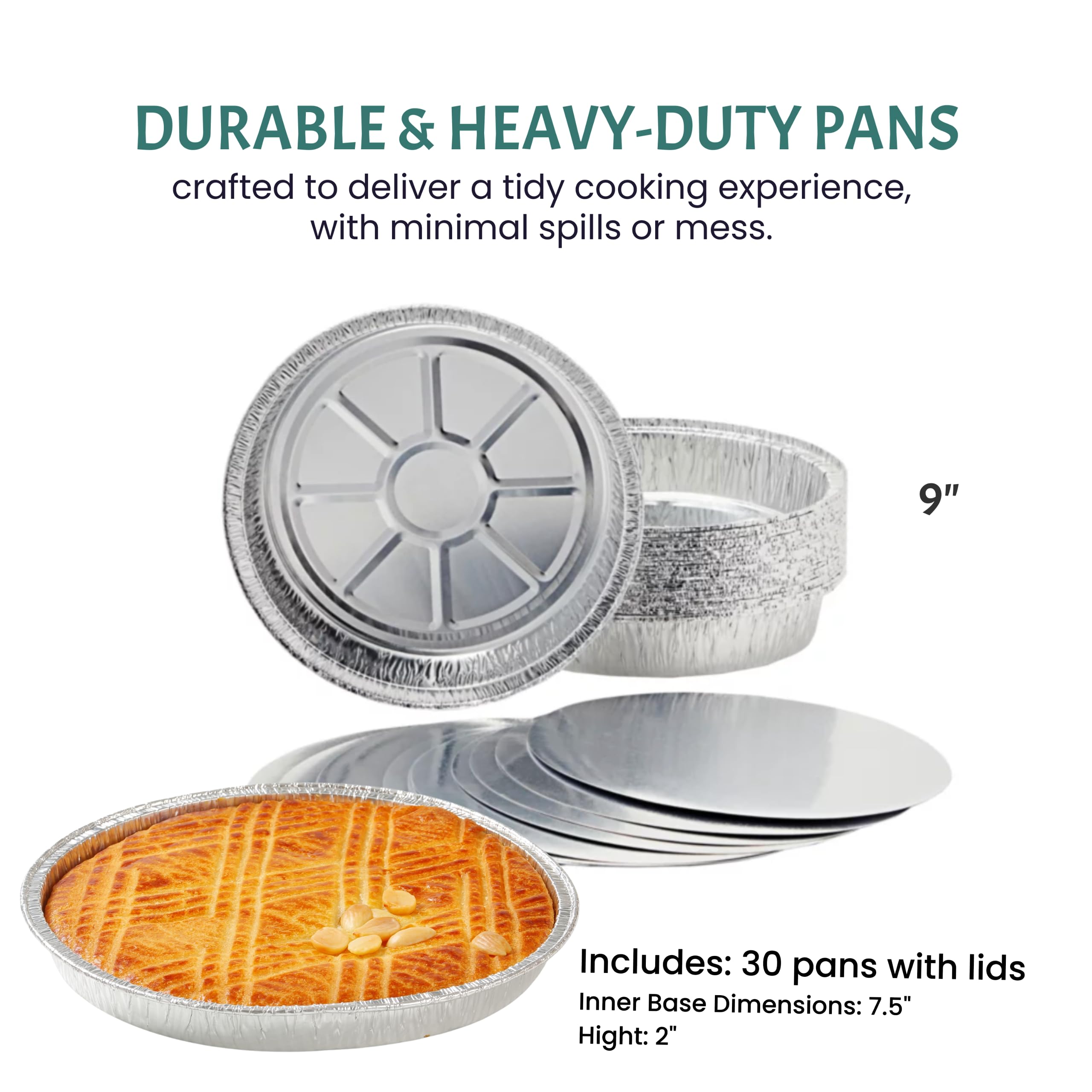 Moldes redondos desechables para hornear (paquete de 30) – Molde para tartas de 9 pulgadas – Sartenes de aluminio para hornear, asar, cocinar, almacenar, preparar – Latas para tartas