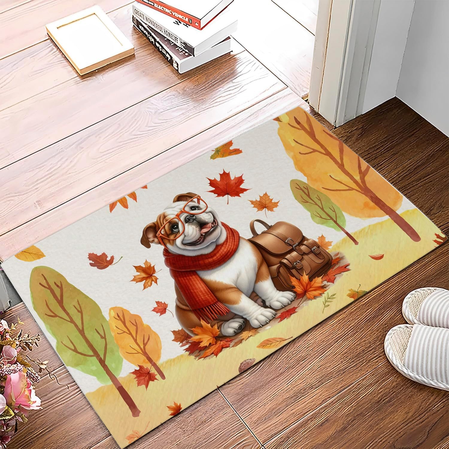 Welcome Fall Bulldog Enjoys School Time Autumn Fall Leaves Doormat Dog Lover Gifts Idea Indoor Outdoor Welcome Mat - 02013