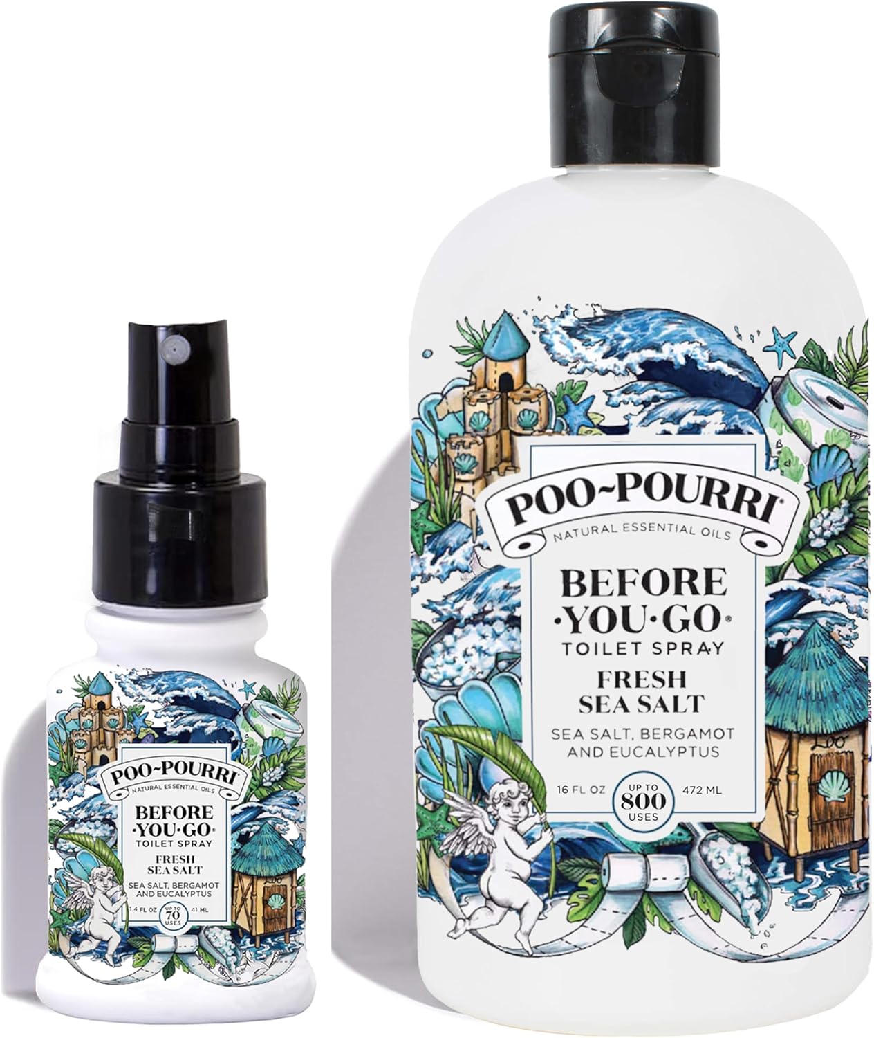 Poo-Pourri Before-You-Go Toilet Spray, Fresh Sea Salt, Refill Bottle 16 Fl Oz and 1.4 Fl Oz Spray- Sea Salt Bergamot Eucalyptus