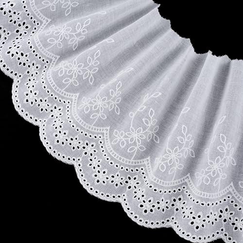 PAGOW 5 yardas de algodón con ojales de encaje, ribete de encaje floral de algodón blanco, encaje festoneado bordado para coser vestidos, ropa de