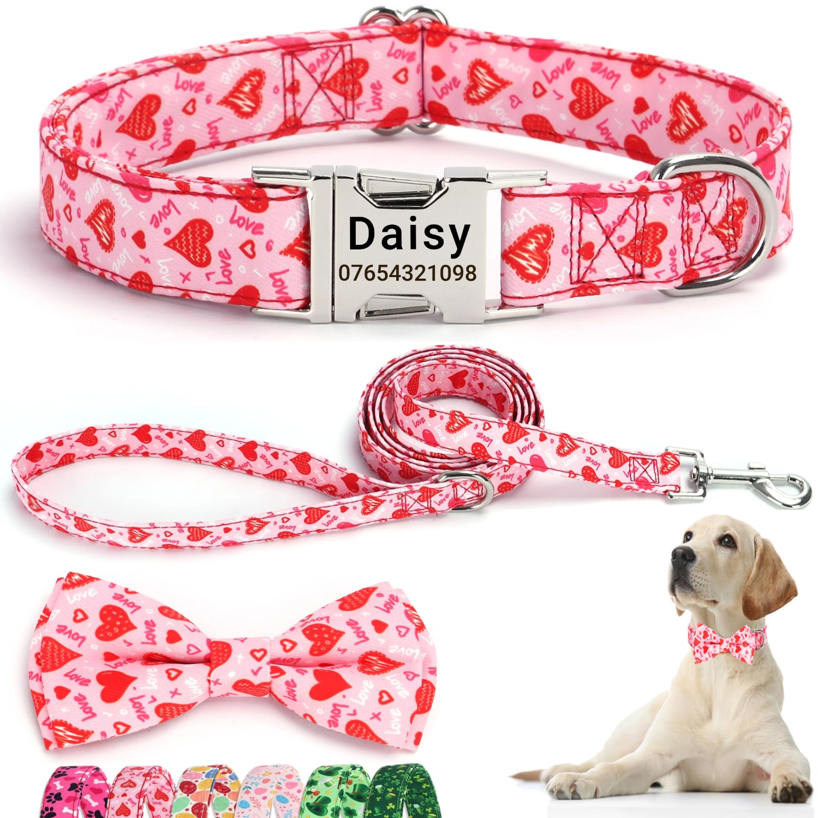 SEOUGEE Valentine's Day Dog Collar Personalised with Bowtie & Lead Set, Adjustable Cotton Dog Collars and Leash with Engraved Metal Buckle for Large Dogs (Love Hearts Set, L:Neck 40-60cm)