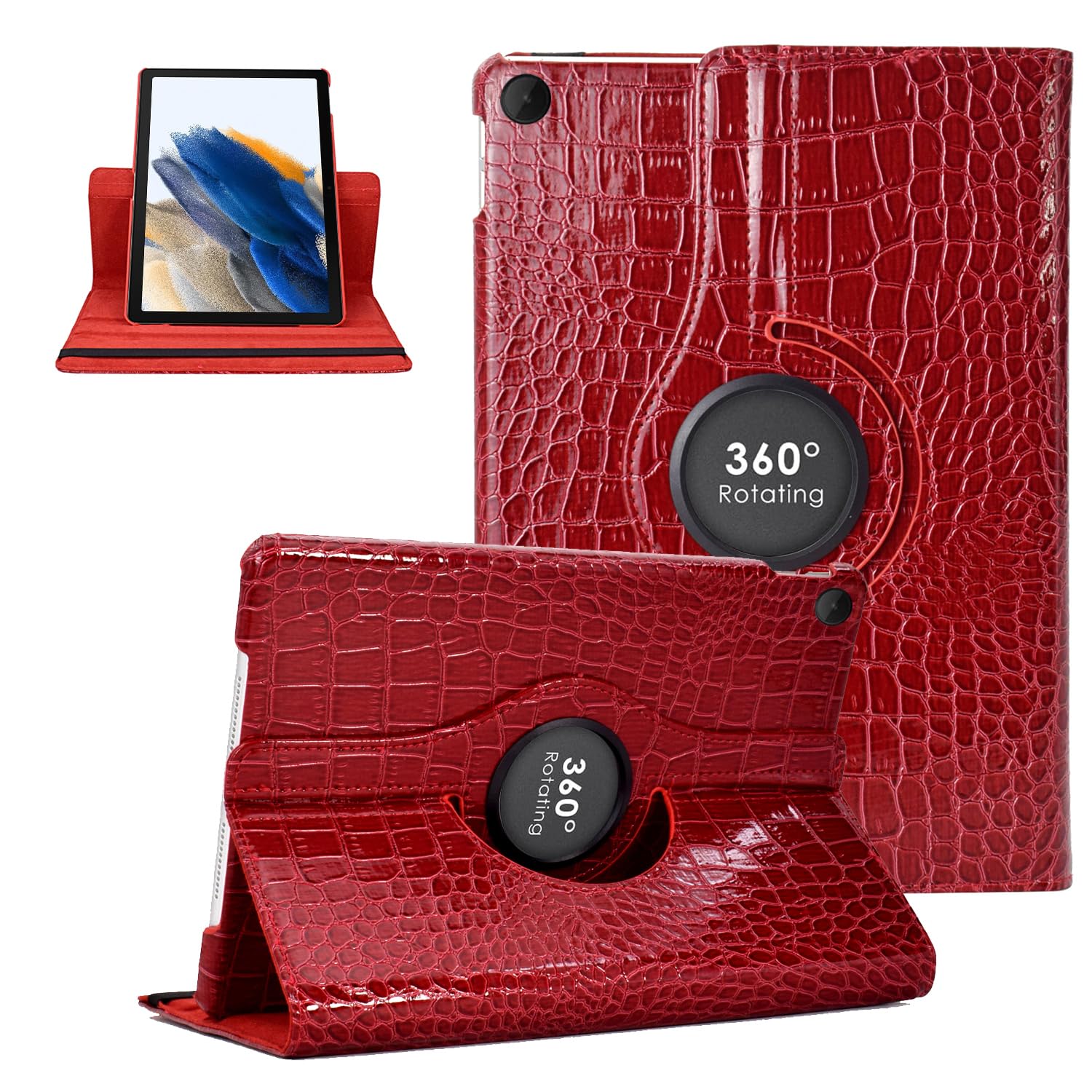 KEROM Rotating Case for Samsung Galaxy Tab A8 10.5 inch 2022 (SM-X200/X205/X207), 360 Degree Rotating Stand Case PU Leather Folio Cover for Galaxy Tab A8 10.5'' 2022, Red Crocodile Skin
