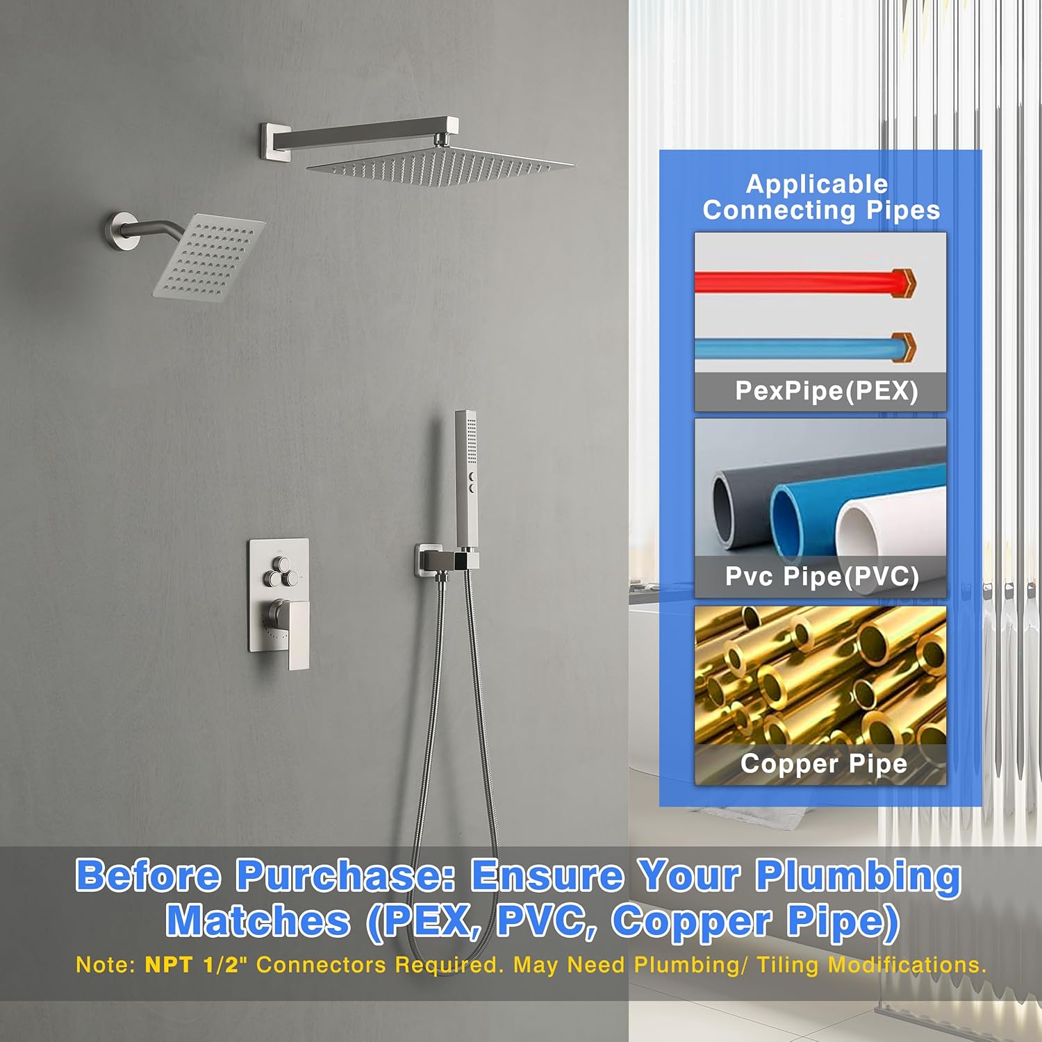 Digital Temperature Display Wall Mount Shower System, Push Button Diverter with Pressure Balance Valve, 12” & 6” Dual Rainfall Shower Heads, 2-in-1 Metal Handheld Shower Set, Brushed Nickel