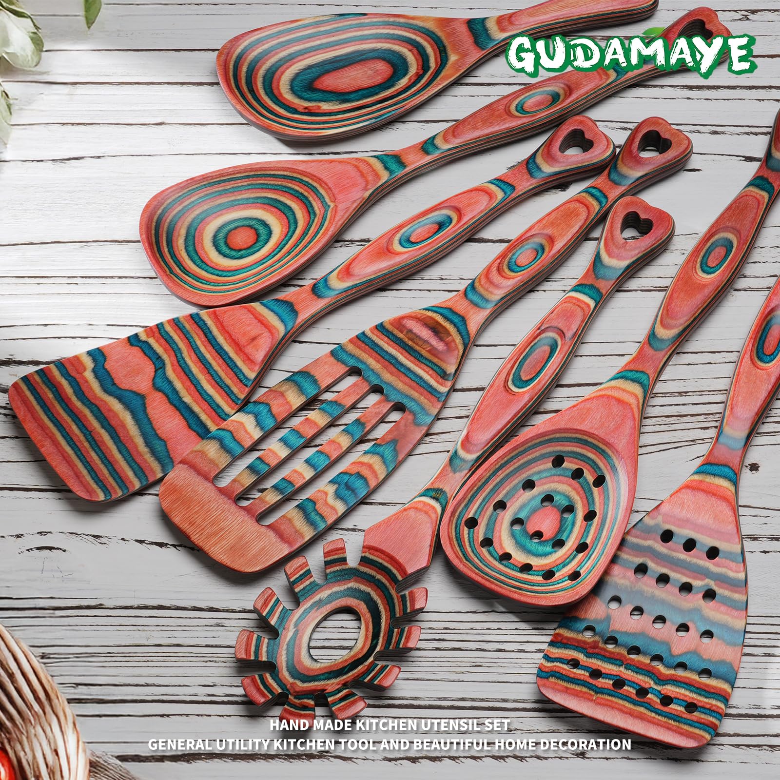 Gudamaye Pakkawood 7-teiliges Kochutensilien aus Holz, Holzlöffel zum Kochen, Holzutensilien-Set, rosa-orange Pakkawood Kochlöffel, Antihaft-Löffel, Pakkawood Küchenutensilien