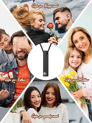 Zysta Picture Necklace Personalized Customized Photo Projection Necklace Vertical Cuboid Bar Pendant Necklace Birthday Anniversary Memorial Jewelry for Women Men