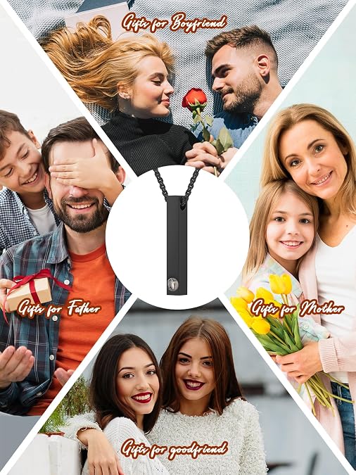 Zysta Picture Necklace Personalized Customized Photo Projection Necklace Vertical Cuboid Bar Pendant Necklace Birthday Anniversary Memorial Jewelry for Women Men