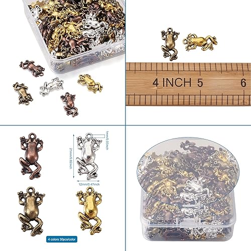 Miniatura 7 de Pandahall - 120 dijes de aleación de estilo tibetano de rana de 0.827 x 0.472 x 0.118 in, 4 colores de metal con diseño de rana y animales, para