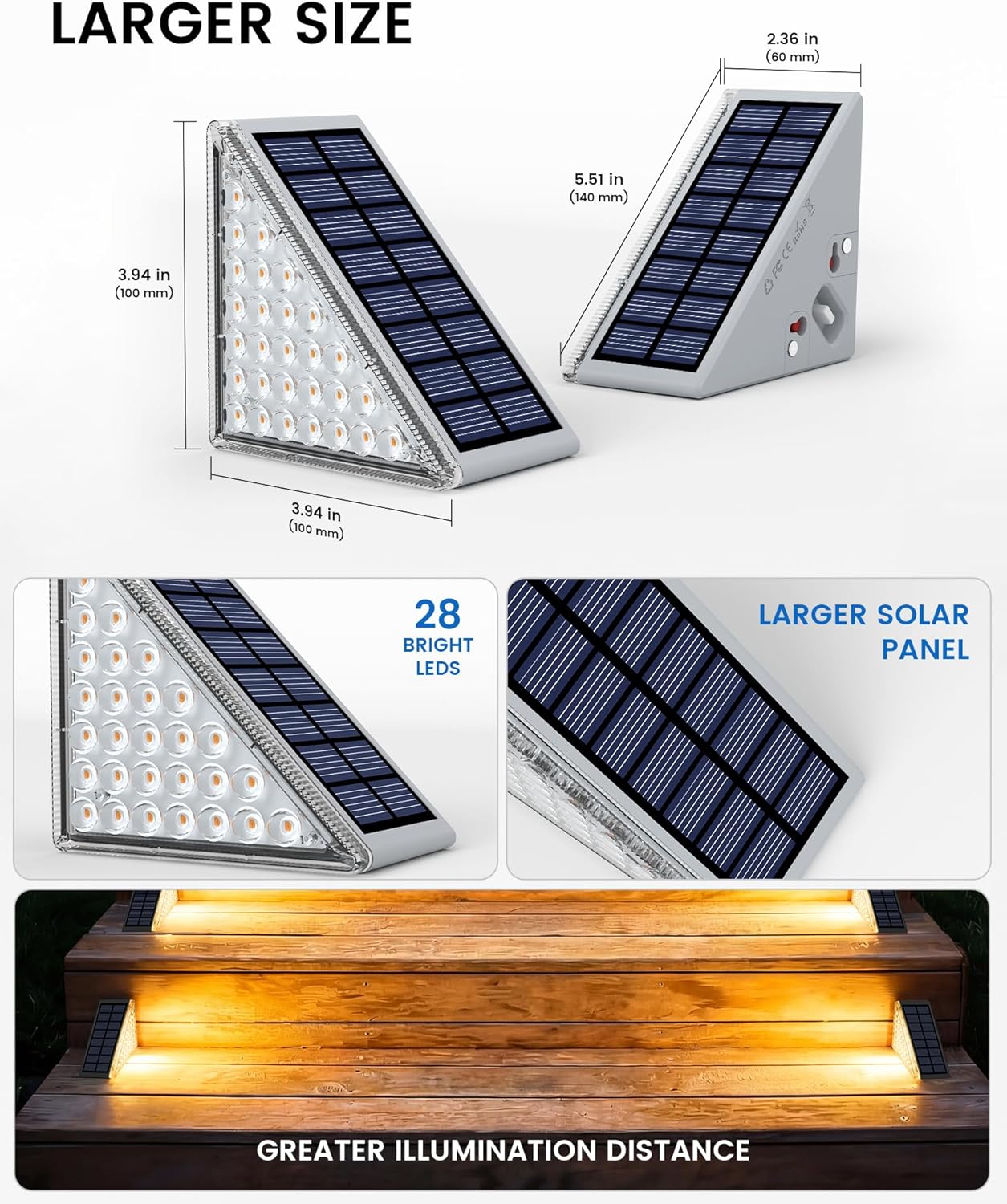 NIORSUN Outdoor Step Lights, Upgraded 28 LEDs 2 Brightness Modes, IP67 Waterproof Solar Stair Lights for Outside Steps, 1200mAh Battery Long Runtime Warm White for Patio Deck Yard Porch, 8 Pack