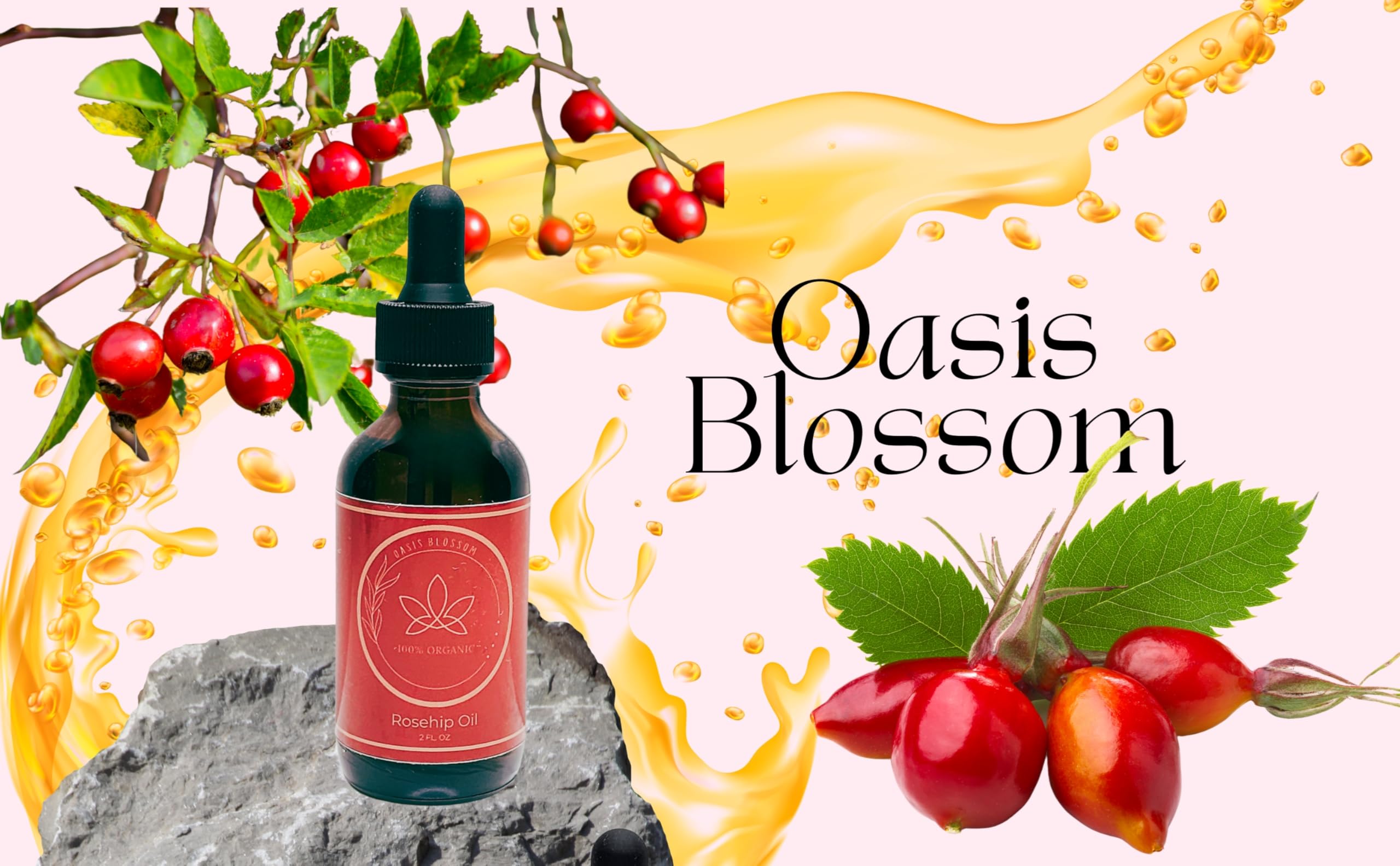 Oasis Blossom Rosehip Oil for Face, Skin & Hair| 100% Pure Certified USDA Organic | Cold Pressed Unrefined Rosehip Oil | Hydrating, Moisturizing, Nourishing, Anti-Aging | 2 Fl Oz.