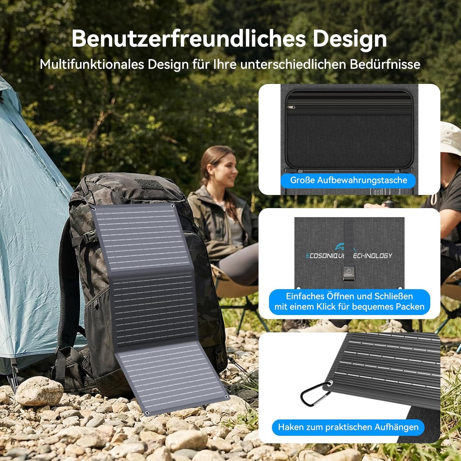 Ecosonique 30 W panel słoneczny, składana, przenośna ładowarka solarna, Przenośny panel słoneczny o wysokiej wydajności 23,5% z szybkim ładowaniem USB-C PD 18 W i QC3.0