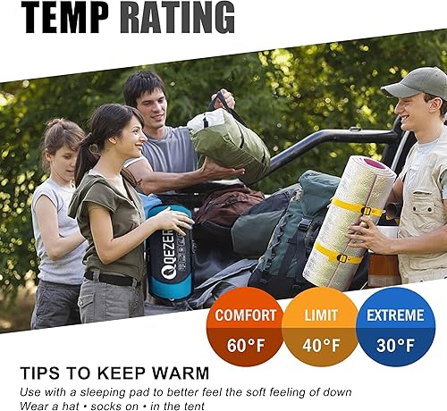 Miniatura 5 de QEZER Saco de dormir de plumón para adultos adolescentes niños saco de dormir ultraligero para mochileros 600 rellenos de pato de plumón