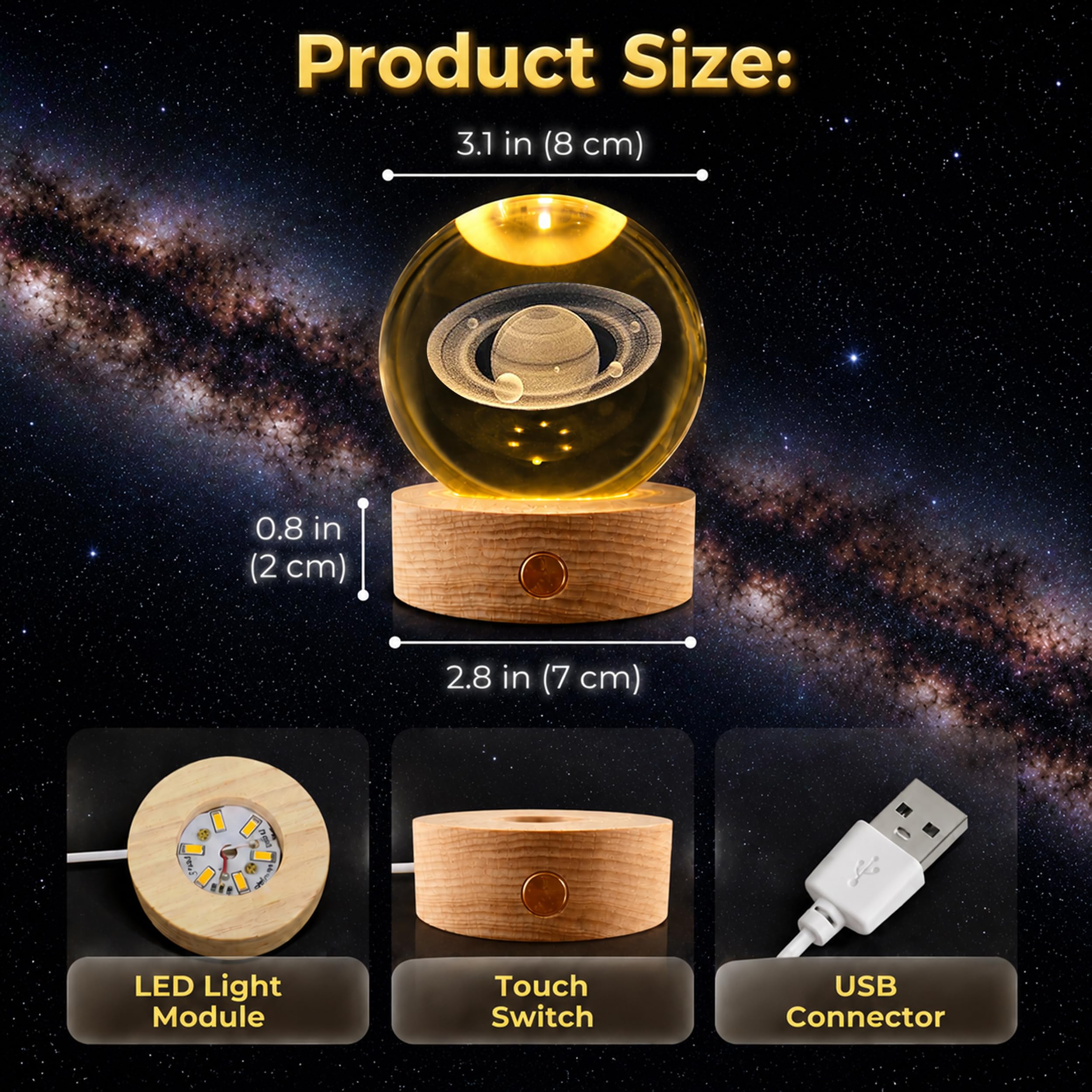 Lampada Sfera di Cristallo Saturno 3D (8cm) – Luce Notturna LED Multicolor con Base in Legno Massello e Batteria Ricaricabile USB, Sfera in Vetro K9 per Decorazioni Casa, Camera e Regalo Astronomia