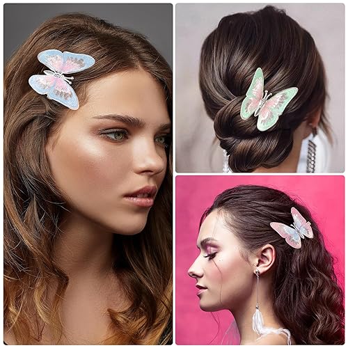 Miniatura 6 de 6 pinzas para el pelo de mariposa 3D para niña, pasador de pelo con aletas antideslizantes para el cabello, cocodrilo, aleación multicolor, mariposa